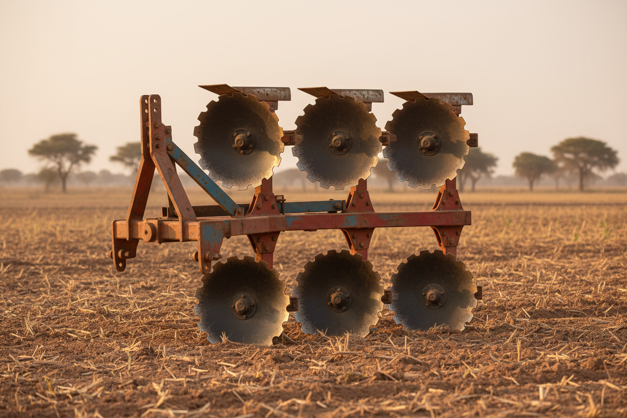 Charrue à 4 disques utilisée pour la préparation du sol en Afrique de l’Ouest