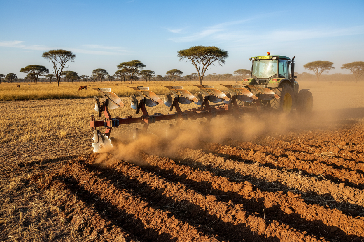 Charrue à 5 disques travaillant un sol agricole sec en Afrique, scène réaliste