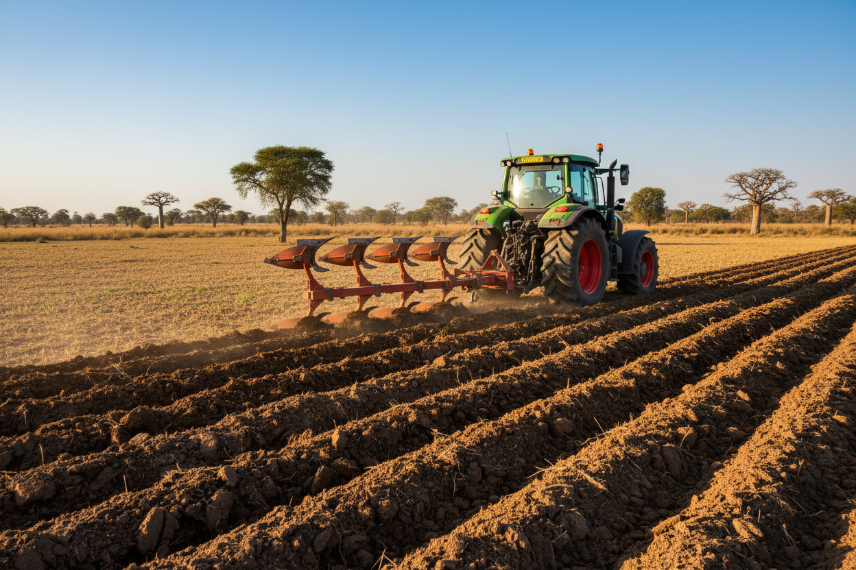 Charrue 6 corps attelée à un tracteur, travail profond du sol en Afrique de l’Ouest, scène agricole réaliste