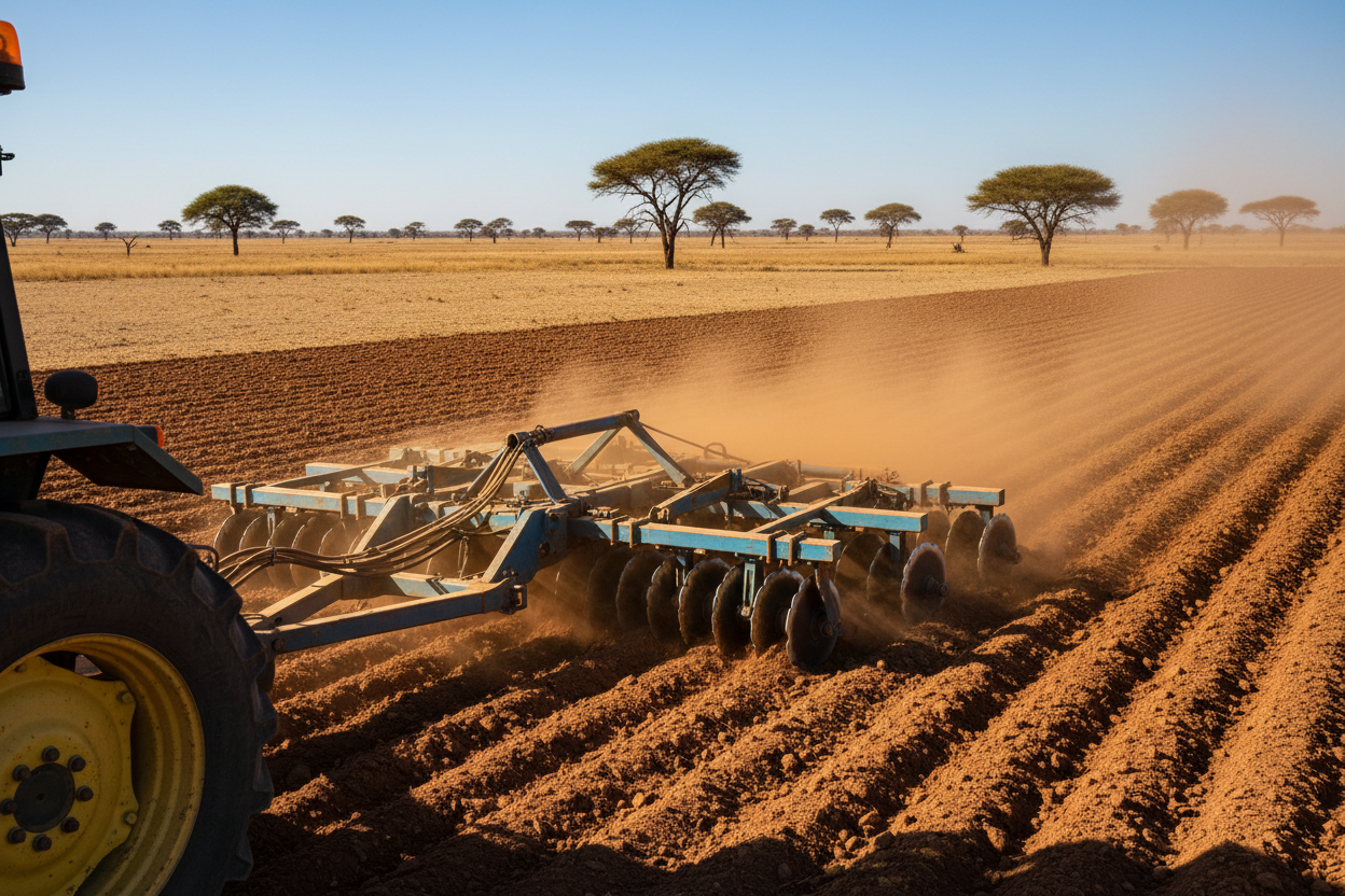 Outil de travail du sol à 28 disques en action dans un champ africain