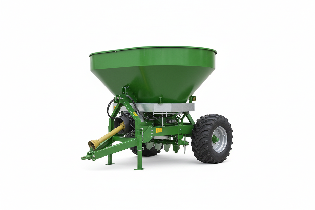 Épandeur d’engrais agricole, équipement neutre sans marque, fond blanc, photo produit nette