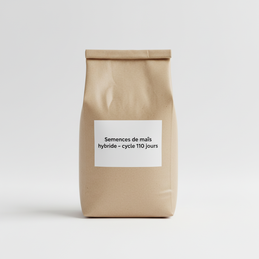 Photo produit réaliste d’un sac de semences de maïs (sans marque), sac kraft ou sac blanc neutre, étiquette générique “Semences de maïs hybride – cycle 110 jours”, fond blanc studio, éclairage e-commerce, très net, aucun logo
