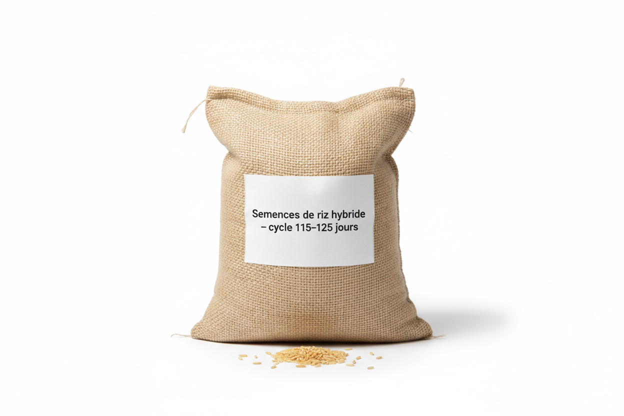 Sac neutre de semences de riz sans marque, étiquette générique “Semences de riz hybride – cycle 115–125 jours”, fond blanc, éclairage studio e-commerce, aucun logo
