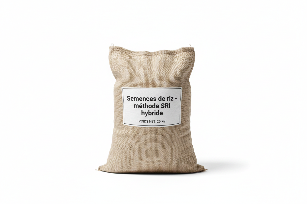 Sac neutre de semences de riz sans marque, étiquette générique “Semences de riz – méthode SRI hybride”, fond blanc studio, photo e-commerce, aucun logo