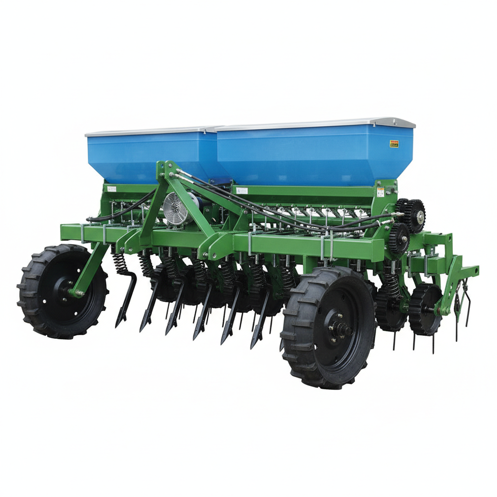 Semoir agricole pour riz et céréales, machine robuste, sans marque, fond blanc, image e-commerce professionnelle