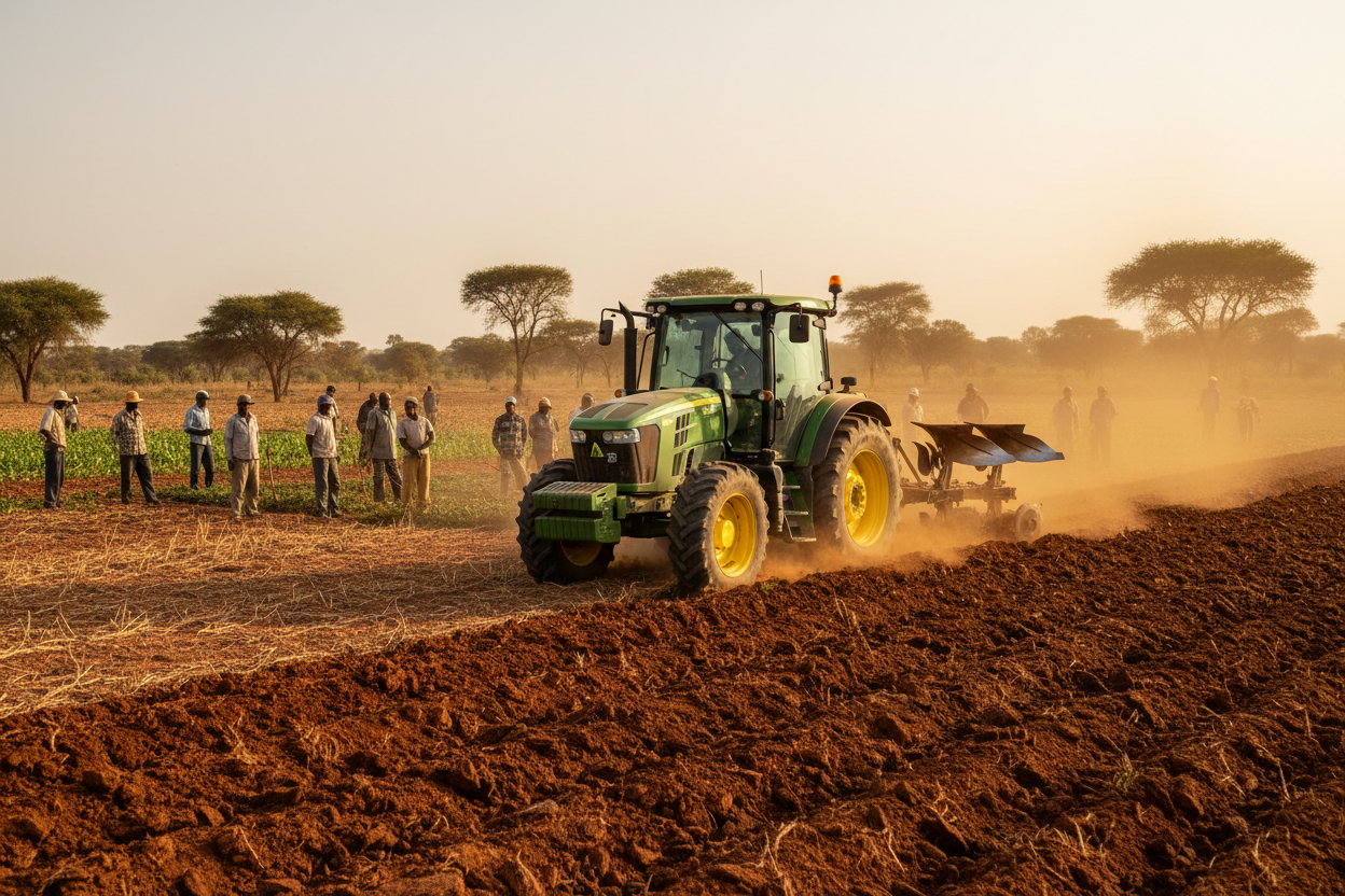 Tracteur agricole 107 CV labourant un champ en Afrique de l’Ouest, exploitation agricole coopérative, scène réaliste